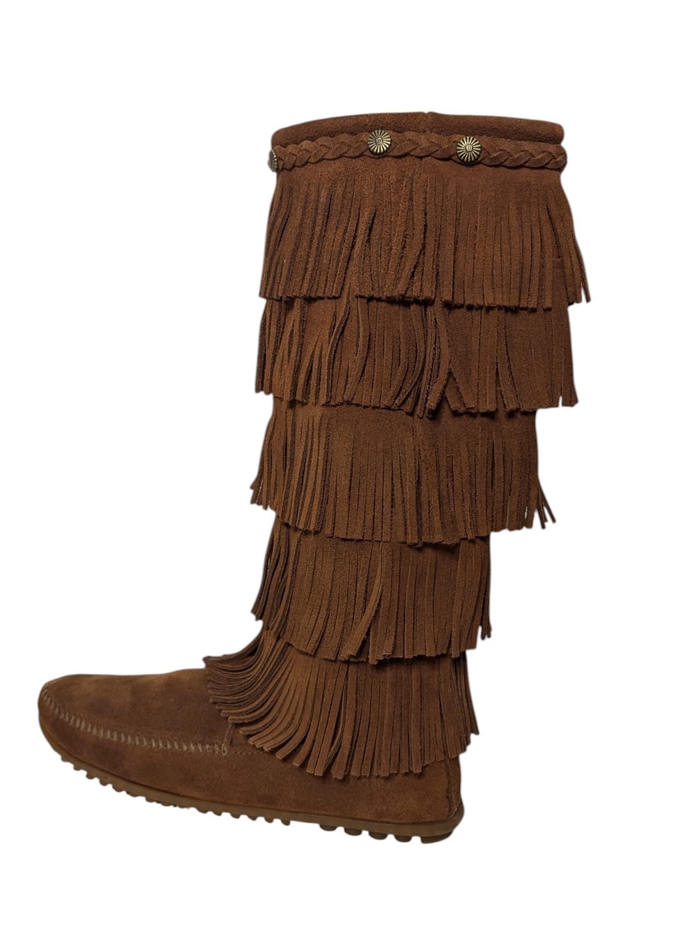Minnetonka Brown Suede Knee-High 5 Layer Fringe Moccasin Boots - Picture 2 of 13